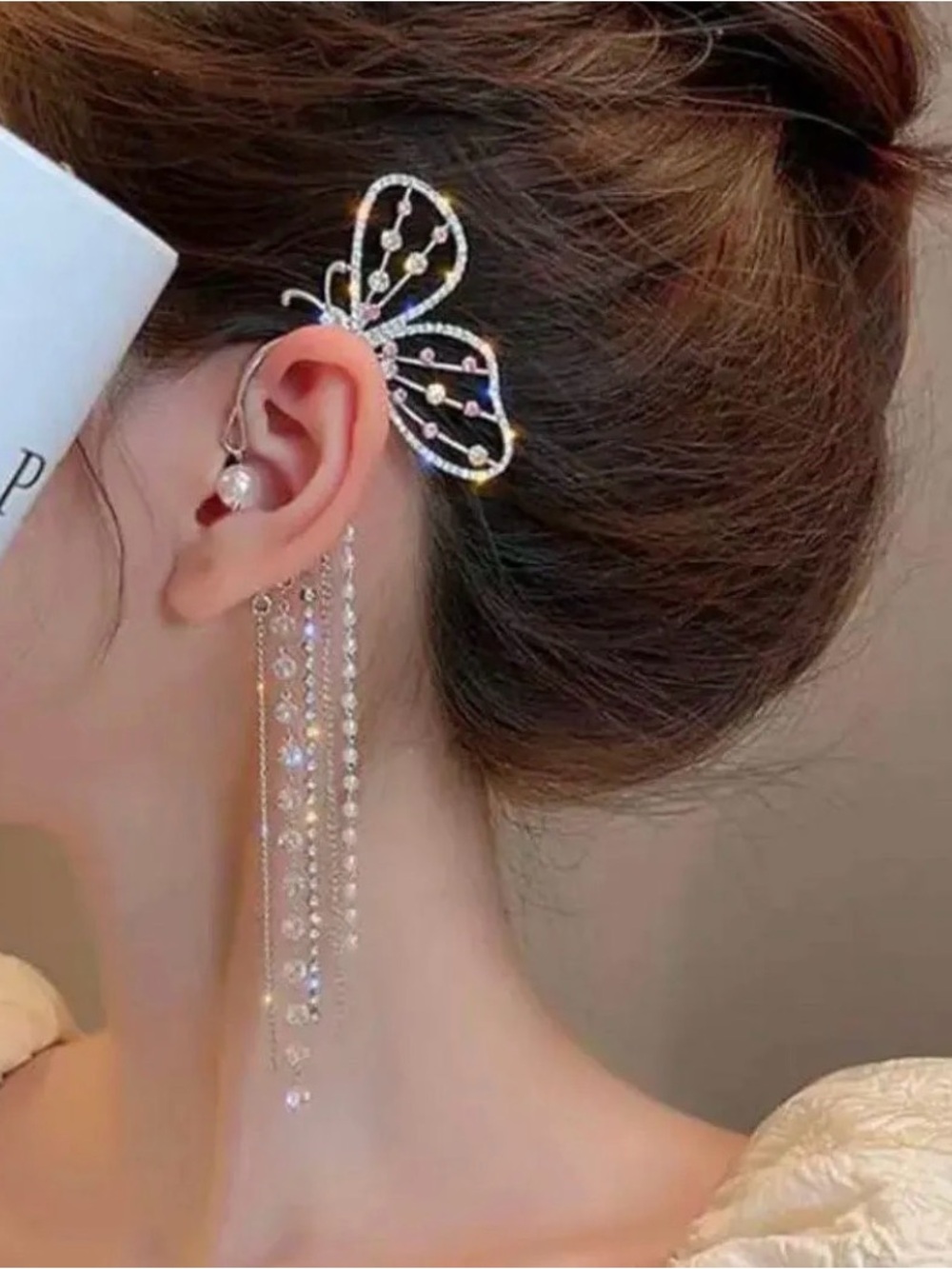 Rhinestone Butterfly Ear Cuff with Dangle Chains - Silver
